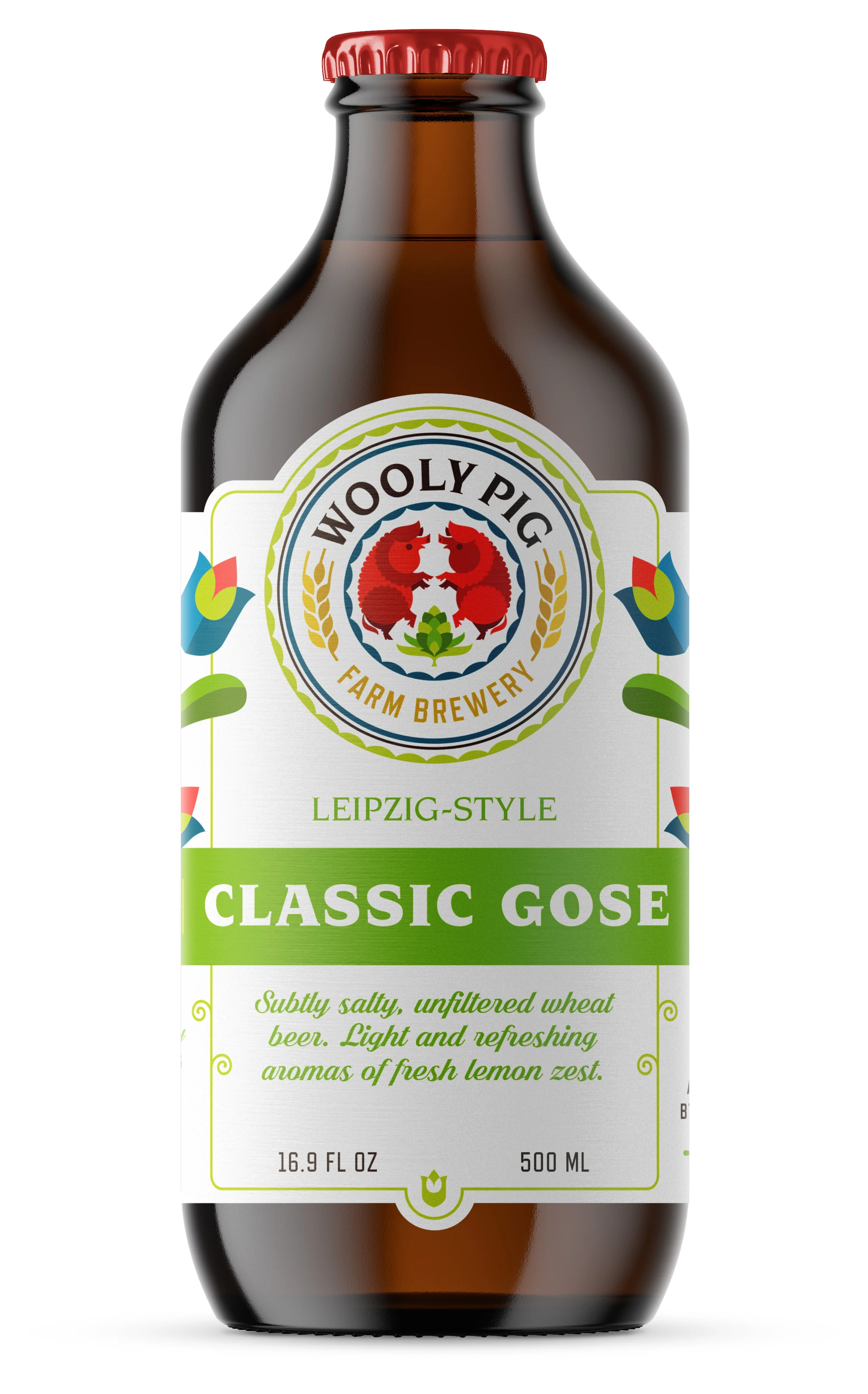 A brown glass bottle of Woolly Pig Farm Brewery Classic Gose beer with a red cap, featuring a colorful label with the brewery's pig logo, green lemon accents, and descriptive text about the beer's flavor.