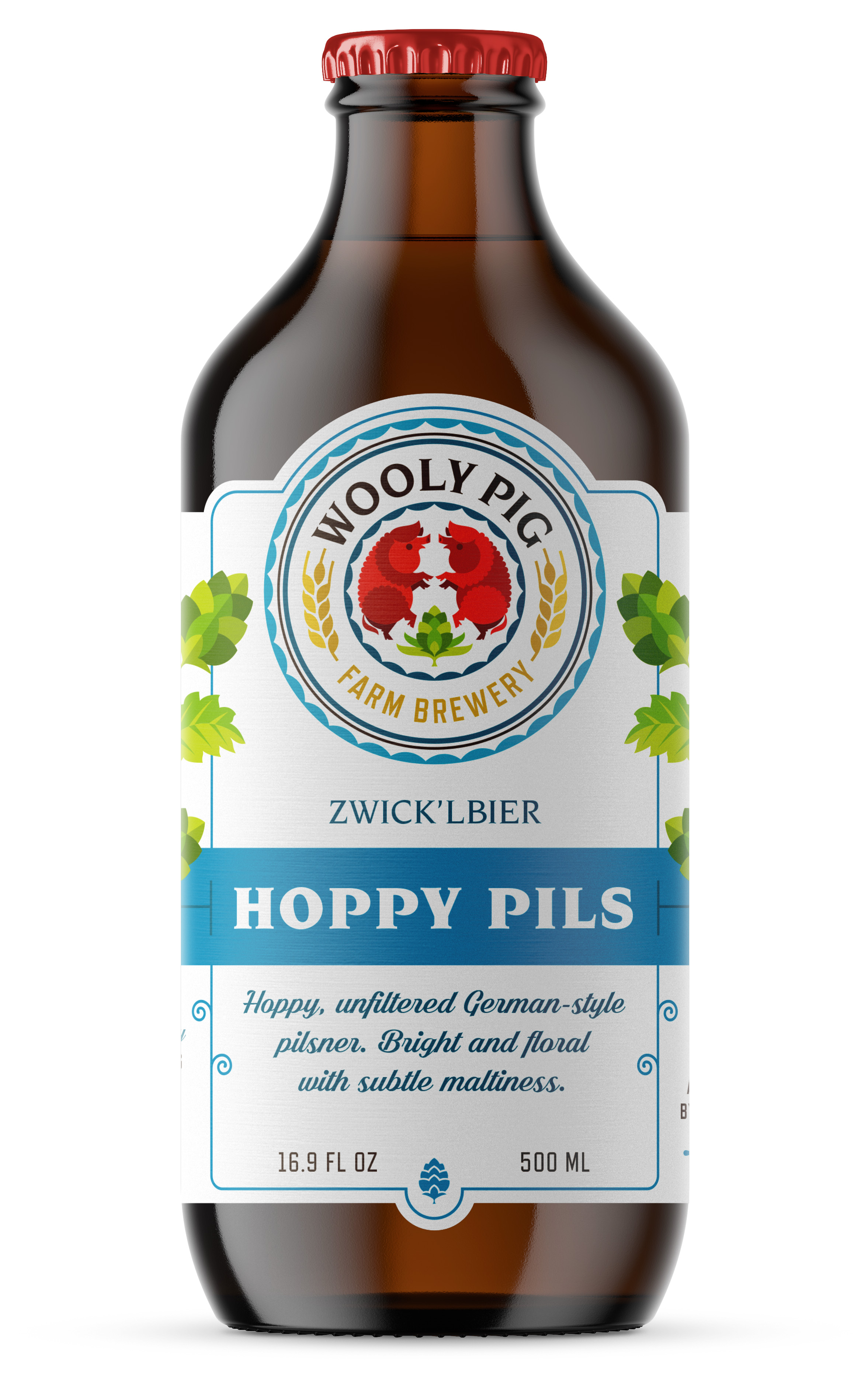 Bottle of Woolly Pig Hoppy Pils beer with white label, red bottle cap, and green hop illustrations.