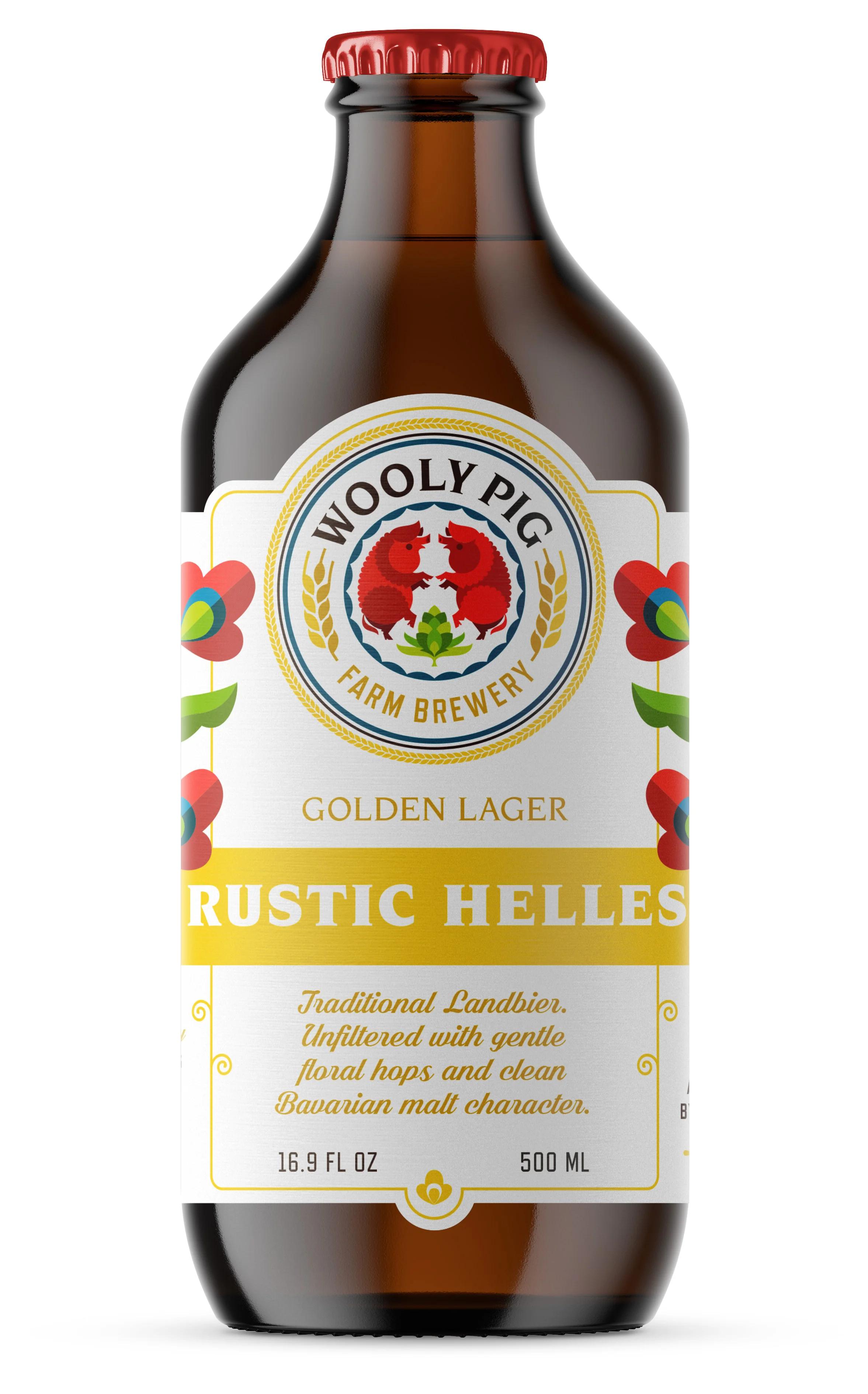 A bottle of Woolly Pig Farm Brewery Golden Lager, Rustic Helles, with a white label and colorful flower designs.