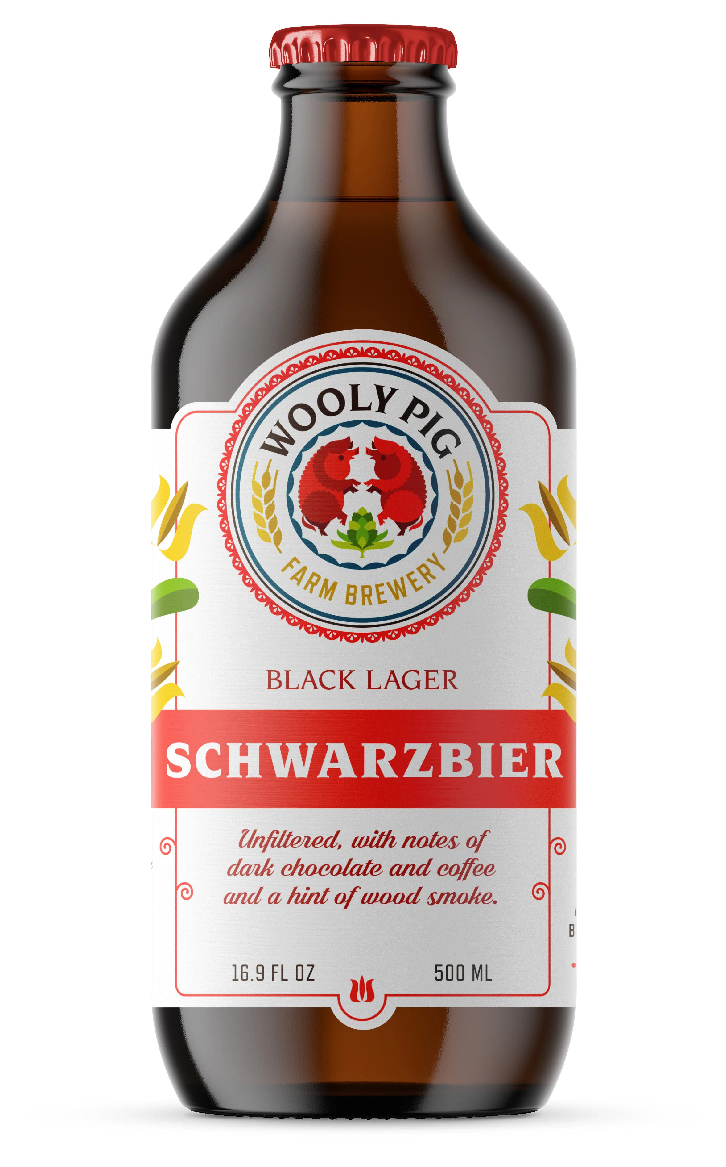 A bottle of Woolly Pig Farm Brewery Schwarzbier, a dark lager with notes of dark chocolate, coffee, and wood smoke, in a brown glass bottle with a red cap and a white label featuring a logo with two red pigs and decorative wheat and tulip illustratio
