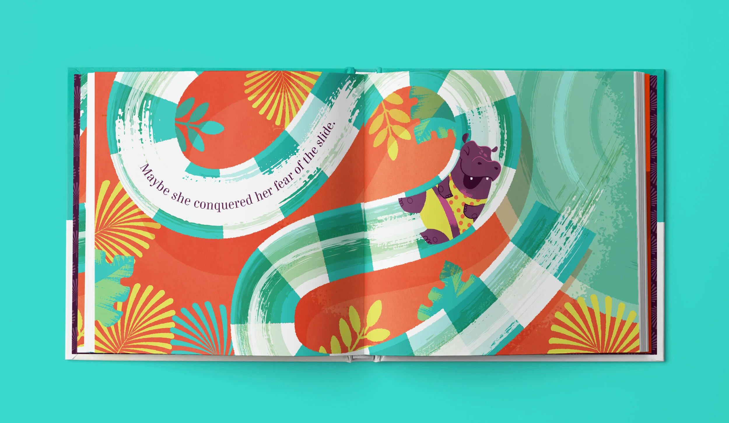 Colorful illustrated children's book open to a page with a purple hippopotamus wearing a yellow vest and belt, surrounded by vibrant abstract shapes and greenery, with the text ''Maybe she conquered her fear of the slide.''
