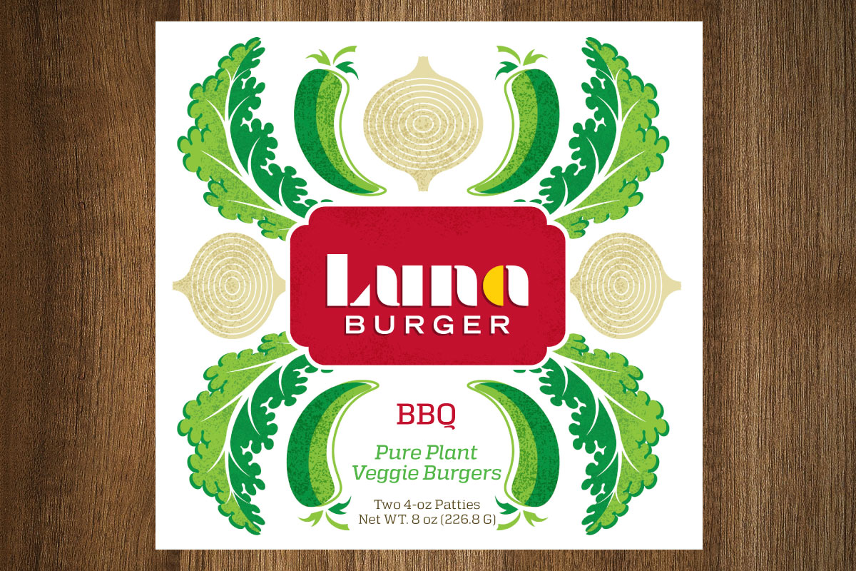 Packaging of Laura Burger BBQ Pure Plant Veggie Burgers with illustrations of lettuce, onion, zucchini, and onion rings, and text indicating it contains two 4-ounce patties with a net weight of 8 ounces.