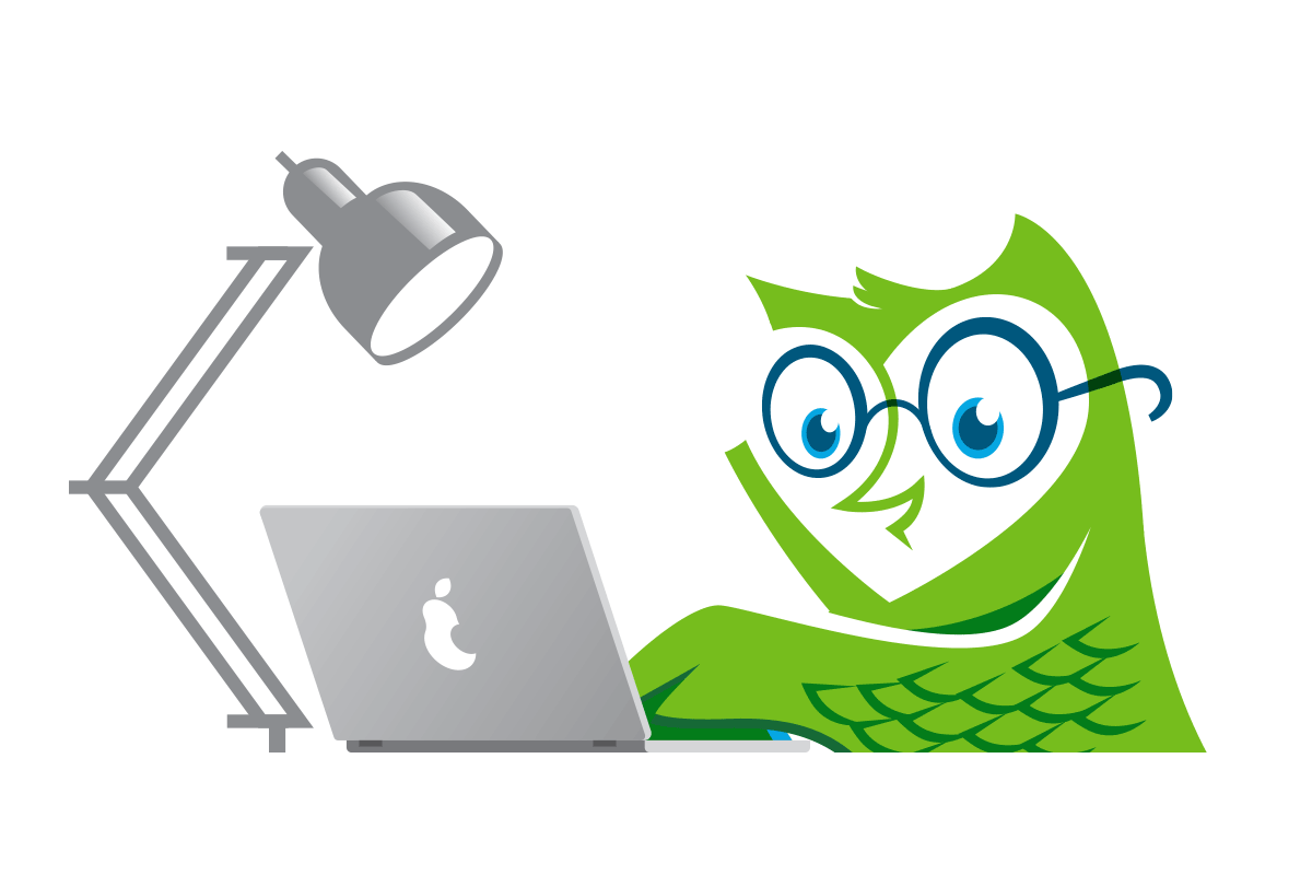 Cartoon owl with glasses sitting at a desk working on a laptop with a desk lamp.