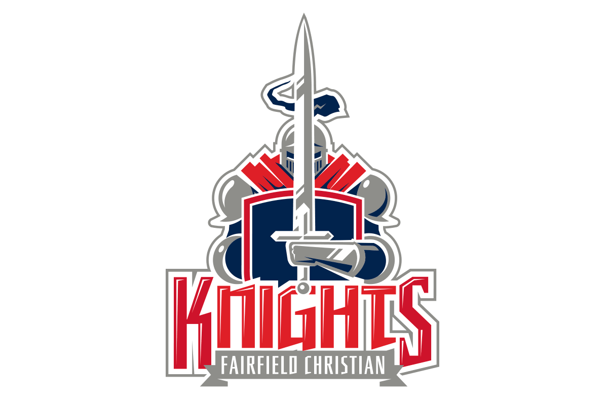 A sports team logo featuring a medieval knight with a helmet, shield, and sword, with the text 'Knights' and 'Fairfield Christian'.