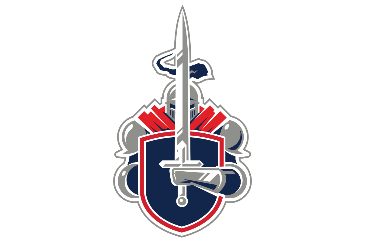 A logo with a medieval knight in armor holding a sword and shield, wearing a helmet with a pointed top, a red crest, and a blue plume.