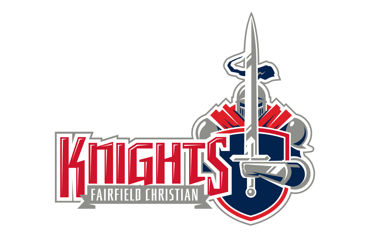 Logo of Fairfield Christian Knights featuring a medieval knight in armor holding a sword upright, with the word "Knights" in bold red lettering and "Fairfield Christian" underneath.