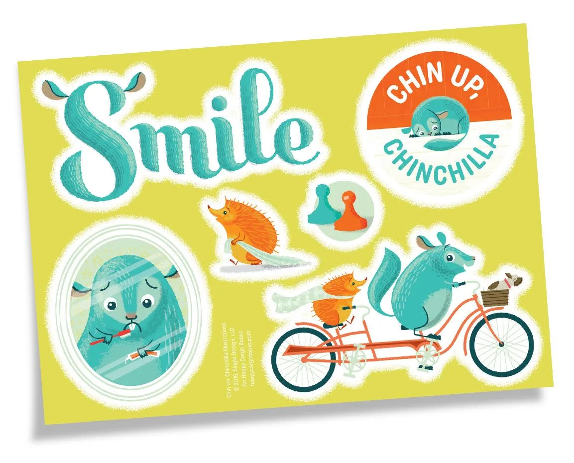 Colorful sticker sheet featuring animals on a yellow background with the phrase "Smile" and a logo with a chinchilla and the words "Chin Up Chinchilla." The sheet includes a chinchilla on a bicycle, a hedgehog, a bear brushing its teeth, and two duck