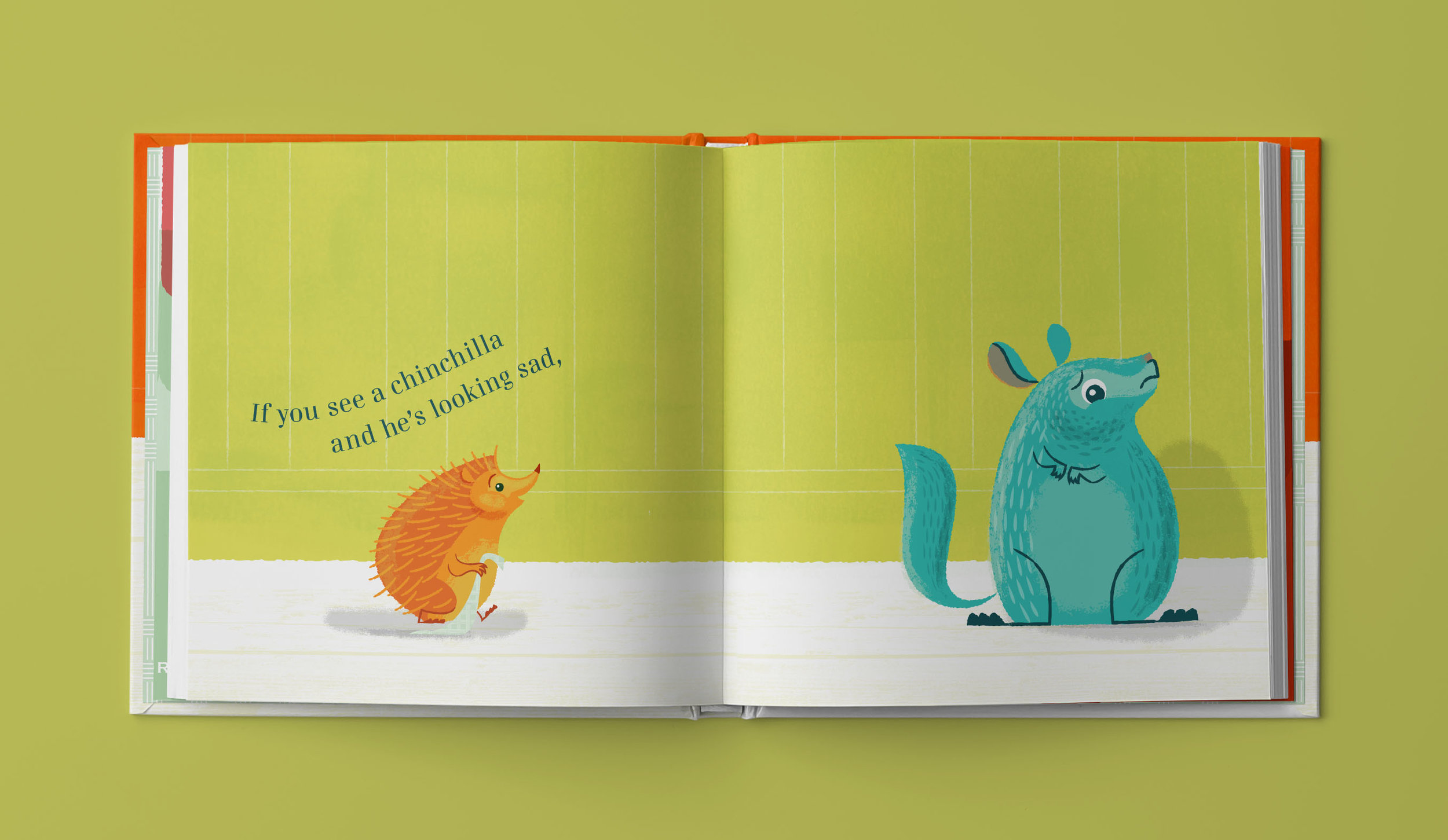 Open children's storybook showing an orange hedgehog looking sad and a blue creature. The text reads: "If you see a chinchilla and he's looking sad."