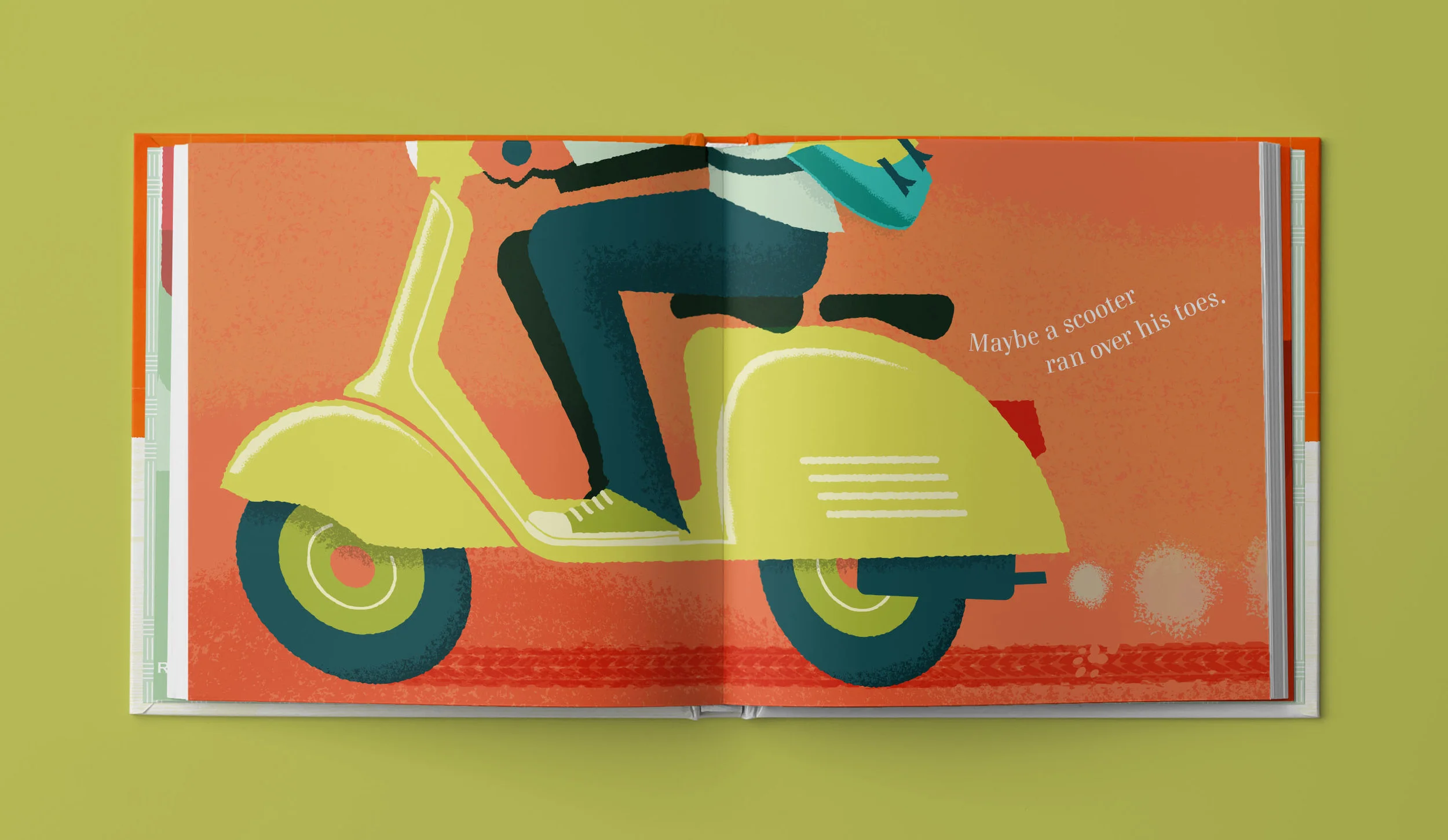 Open illustrated children's book showing a person riding a yellow scooter with the text 'Maybe a scooter ran over his toes' on a peach background.