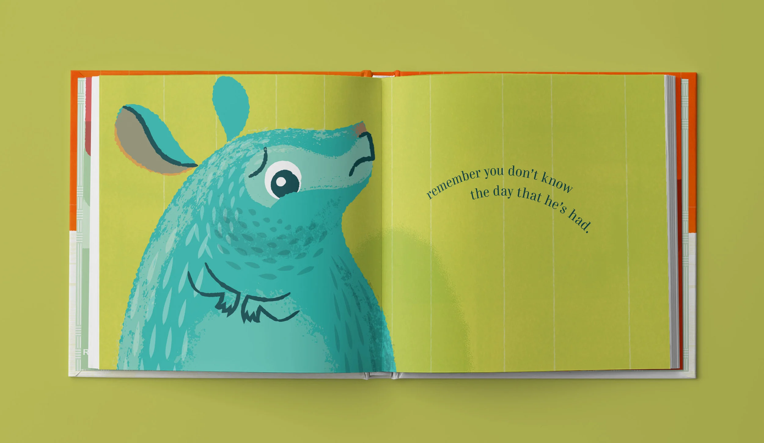 Illustration of a blue dinosaur with a happy expression on a green background, with text saying 'remember you don’t know the day that he’s had.'