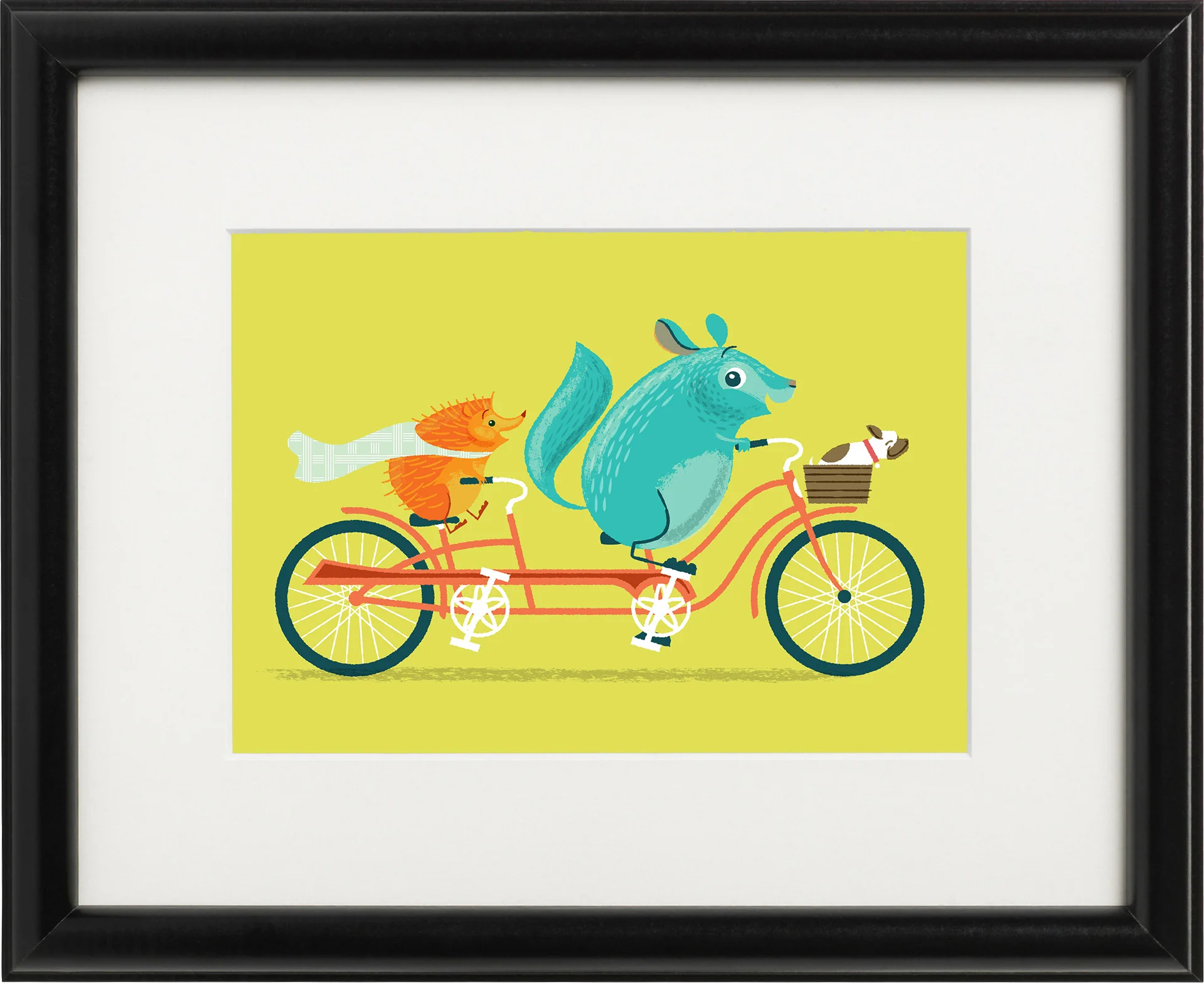 A framed illustration of a blue squirrel, orange fox, and small dog riding a pink tandem bicycle on a light green background.