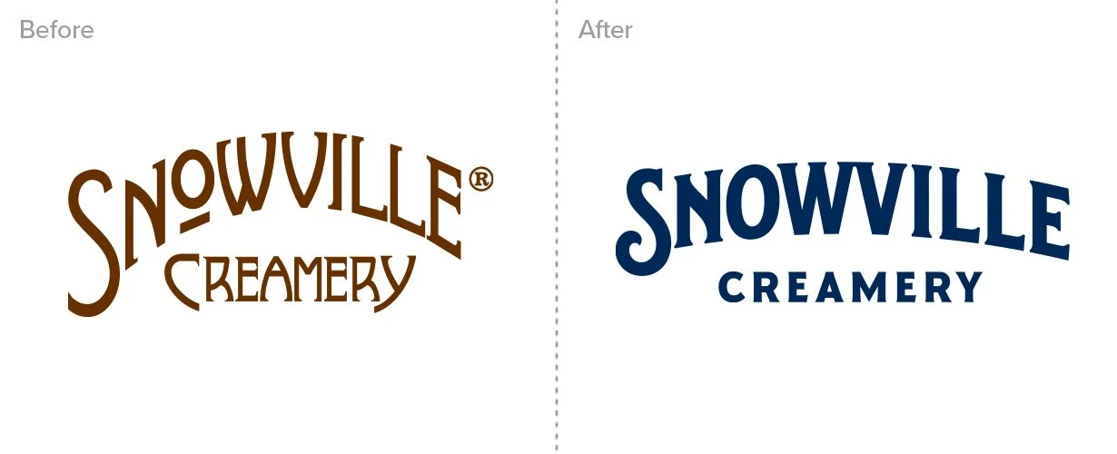 Comparison of logo before and after redesign for Snowville Creamery. The old logo features brown, stylized, curved text with 'SNOWVILLE' arched over 'CREAMERY'. The new logo has a cleaner, modern design with bold blue text, 'SNOWVILLE' above 'CREAMERY' in a more straightforward font.