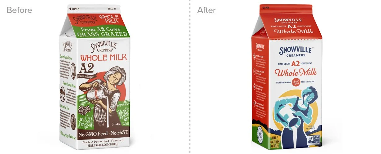 Comparison of two milk carton packages; the left is an older, more detailed design with a woman pouring milk, and the right is a newer, simplified design with a woman pouring milk, both labeled as whole milk from Snowville Creamery.