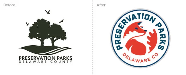 Comparison of two logos: on the left, a black silhouette of a tree with three birds and the text 'Preservation Parks, Delaware County'; on the right, a circular logo with a red fox and the text 'Preservation Parks Delaware Co'.