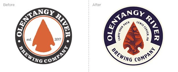 Before and after images of the Ole Tentangy River Brewing Company logo, showing a change from a black and white logo with an orange tree silhouette to a circular logo with a stylized brown tree silhouette and purple background, with text in a circular pattern.