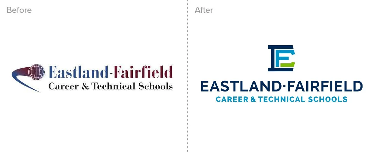 Comparison of old and new logos for Eastland-Fairfield Career & Technical Schools, with the old logo on the left featuring a globe and swoosh, and the new logo on the right with a stylized 'E' and 'F' and updated text.