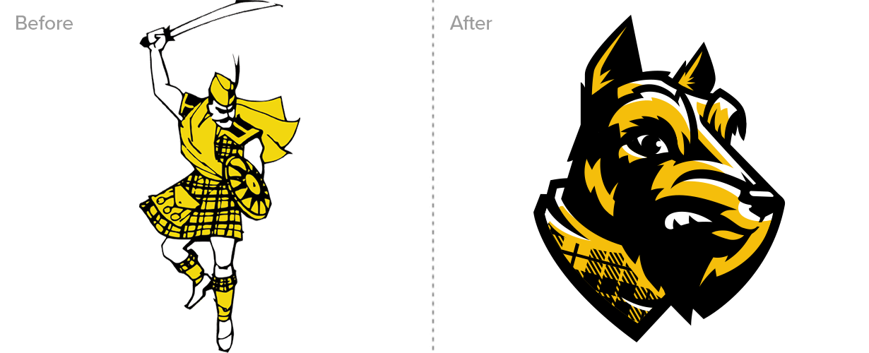 Left side shows a cartoon of a Highlander warrior in yellow and black tartan, wielding a sword and shield, mid-jump. Right side shows a stylized, monochrome black and yellow dog head with a fierce expression.