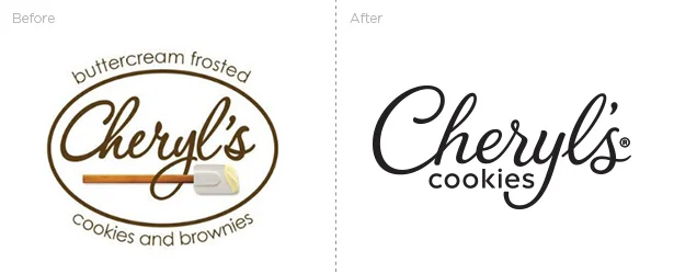Comparison of the old and new Cheryl's Cookies logos, showing a switch from a circular logo with buttercream frosting illustration to a simpler, modern text logo.