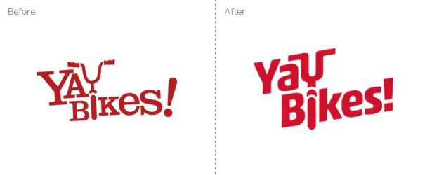 Comparison of the 'Yay BIKES!' logo before and after redesign, showing font and style changes.