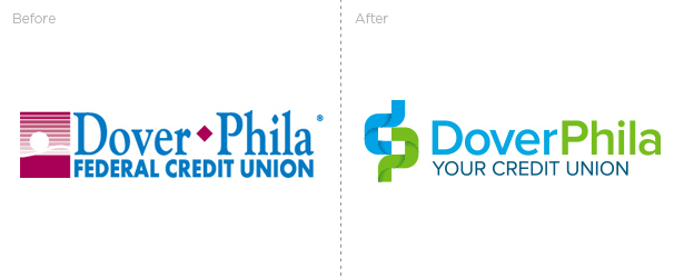 Comparison of Dover Phila Federal Credit Union logo before and after rebranding, showing the old logo with pink and blue elements and the new logo with green and blue design elements.