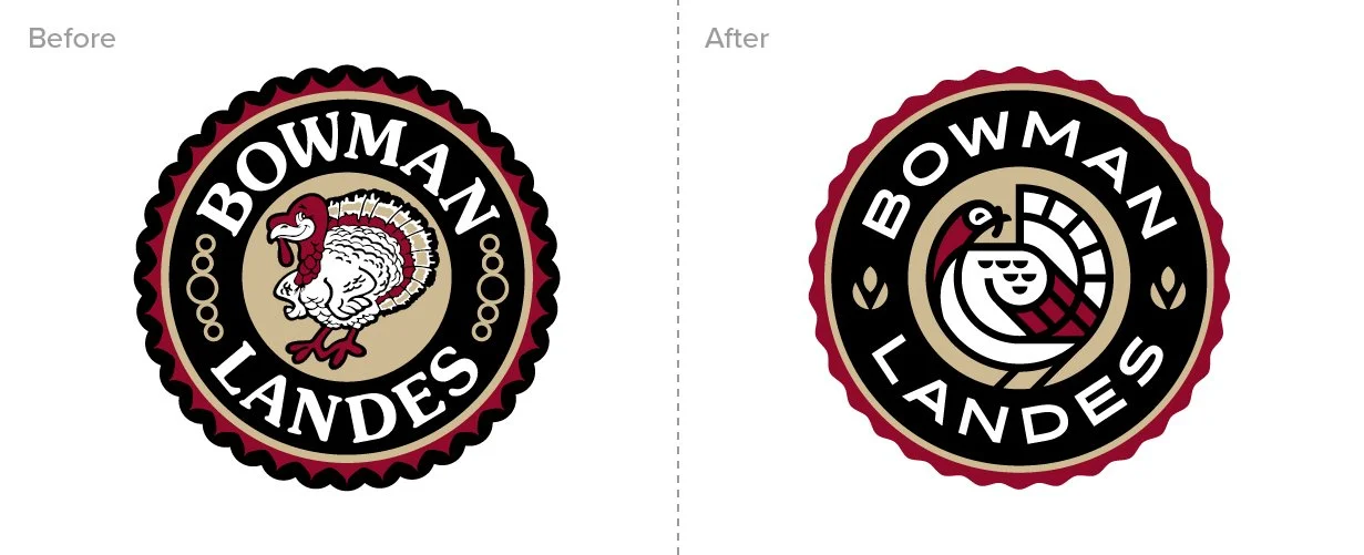 Comparison of two logo designs for Bowerman Landess, featuring a turkey in the original and a stylized turkey in the redesigned version.
