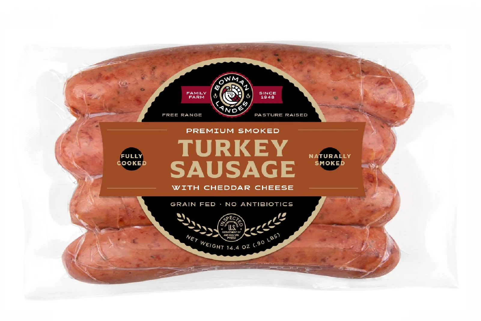 Packaged smoked turkey sausage with cheddar cheese, branded Bowman Landes, in clear plastic wrapping.