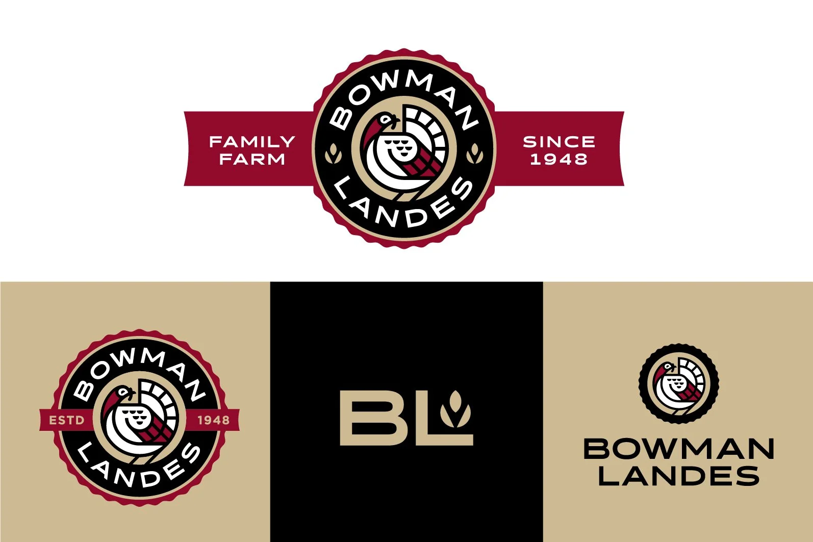 Collection of logos for Bowman Landes, a family farm established in 1948, featuring a circular emblem with a cartoon turkey's face, a black background with beige and red accents, and the farm's name and founding year.