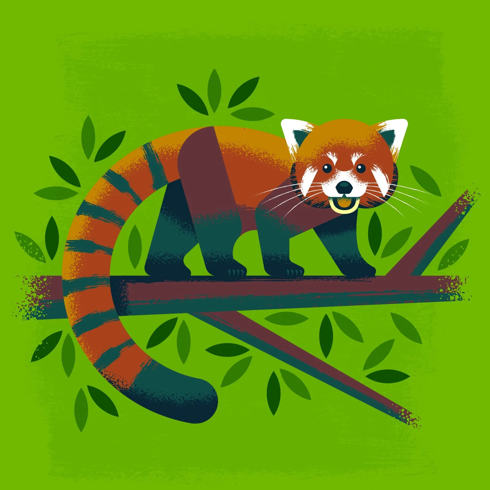 Illustration of a red panda with a stylized, comic-like face, sitting on a tree branch with a background of green leaves.