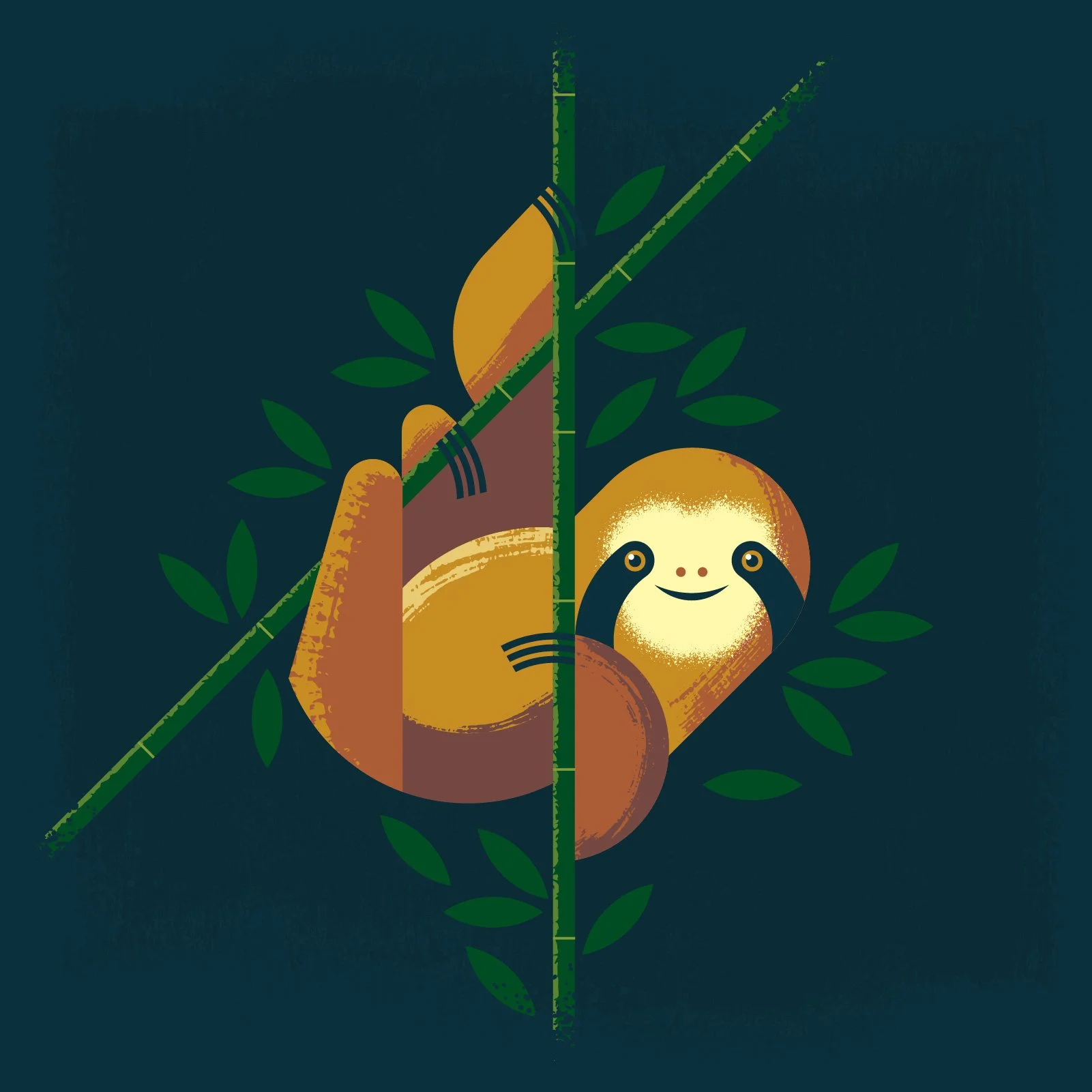 Stylized artwork of a sloth hanging from a tree branch, with a smiling face, surrounded by green leaves against a dark background.