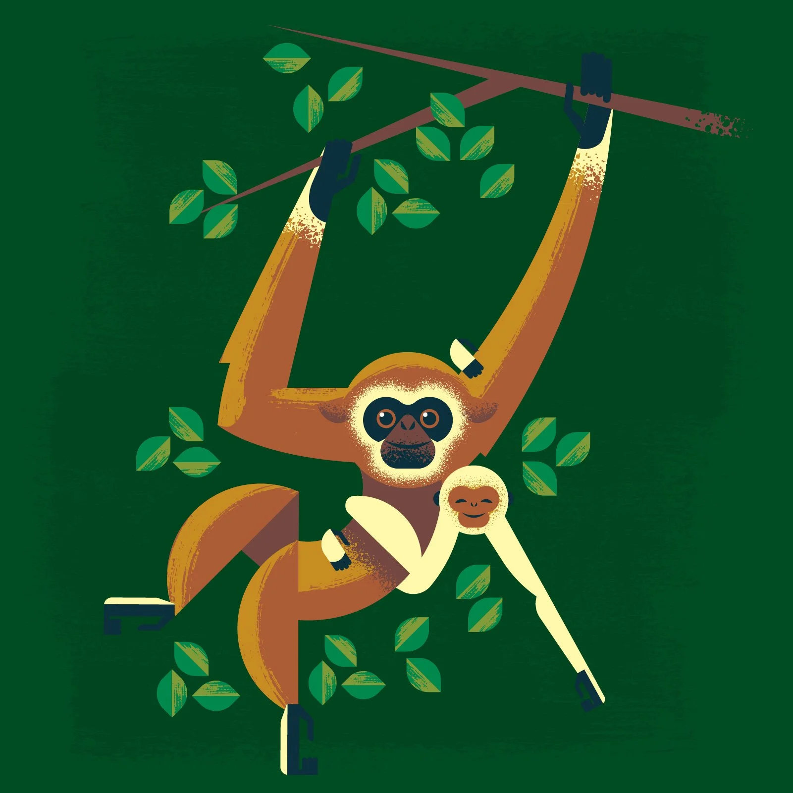 Illustration of a sloth hanging upside down from a tree branch with a baby sloth clinging onto its arm, set against a green background.