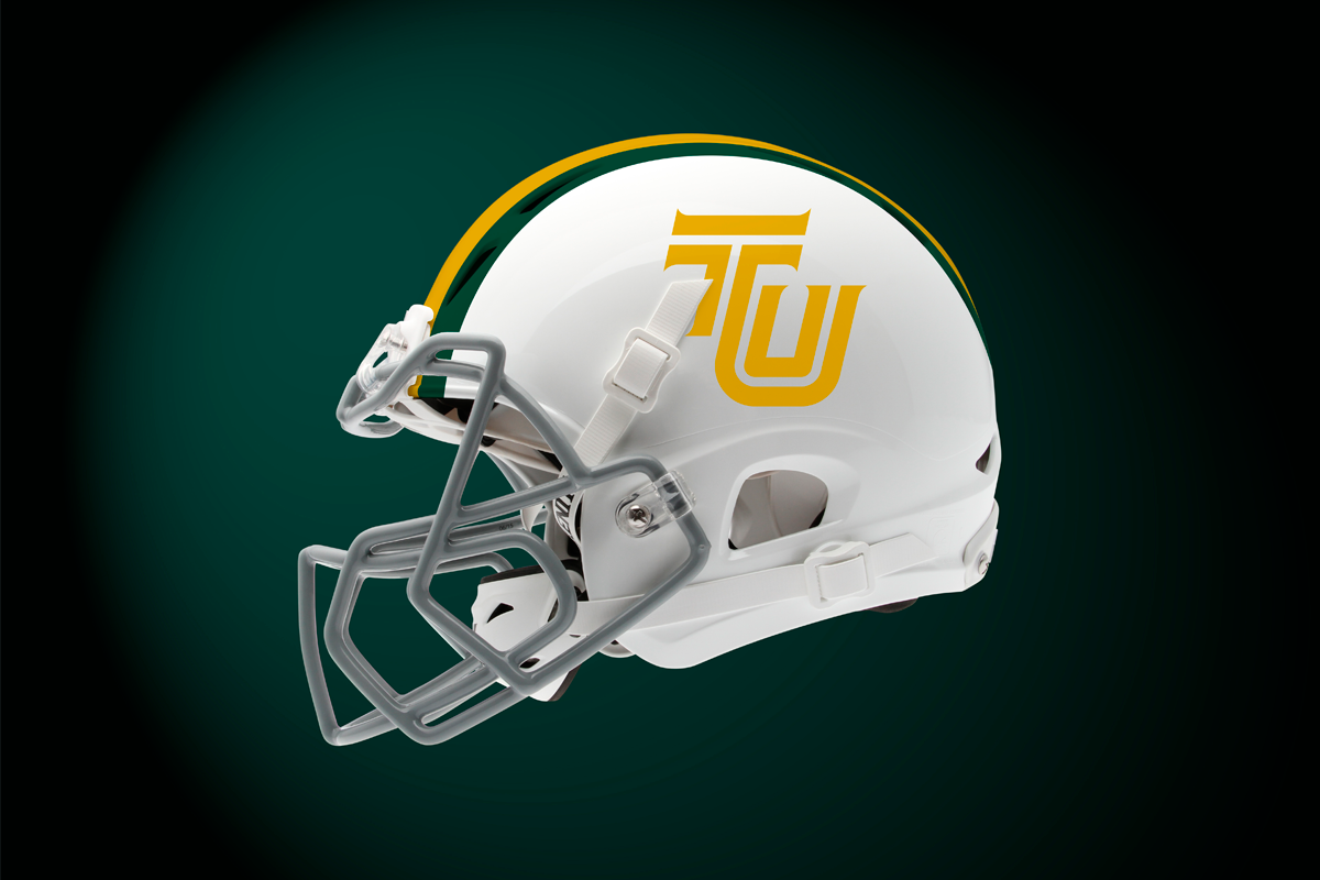 White football helmet with yellow logo and gray face mask, isolated on dark green background.