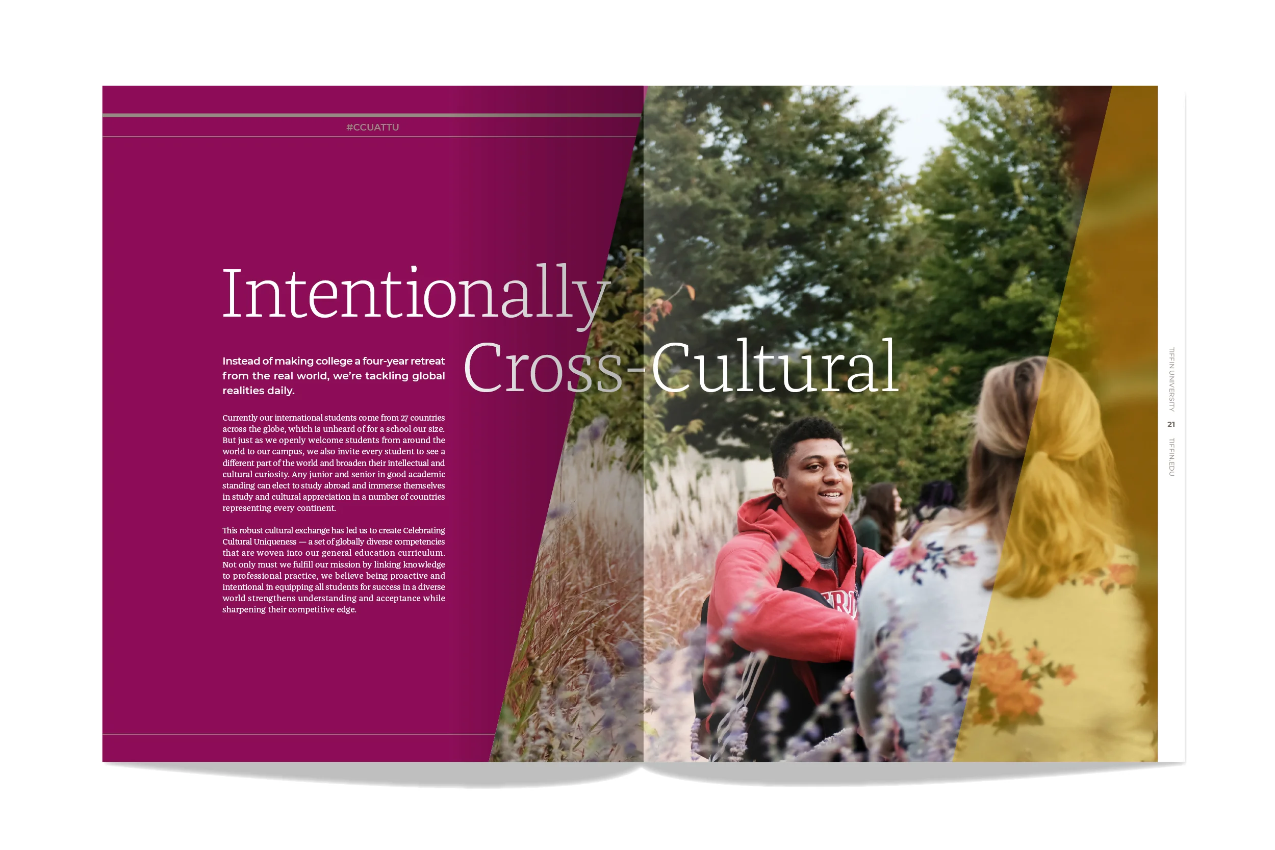 Brochure page with a purple background on the left and a photo of diverse students outdoors on the right, with the headline 'Intentionally Cross-Cultural' and introductory text about international students and cultural exchange.