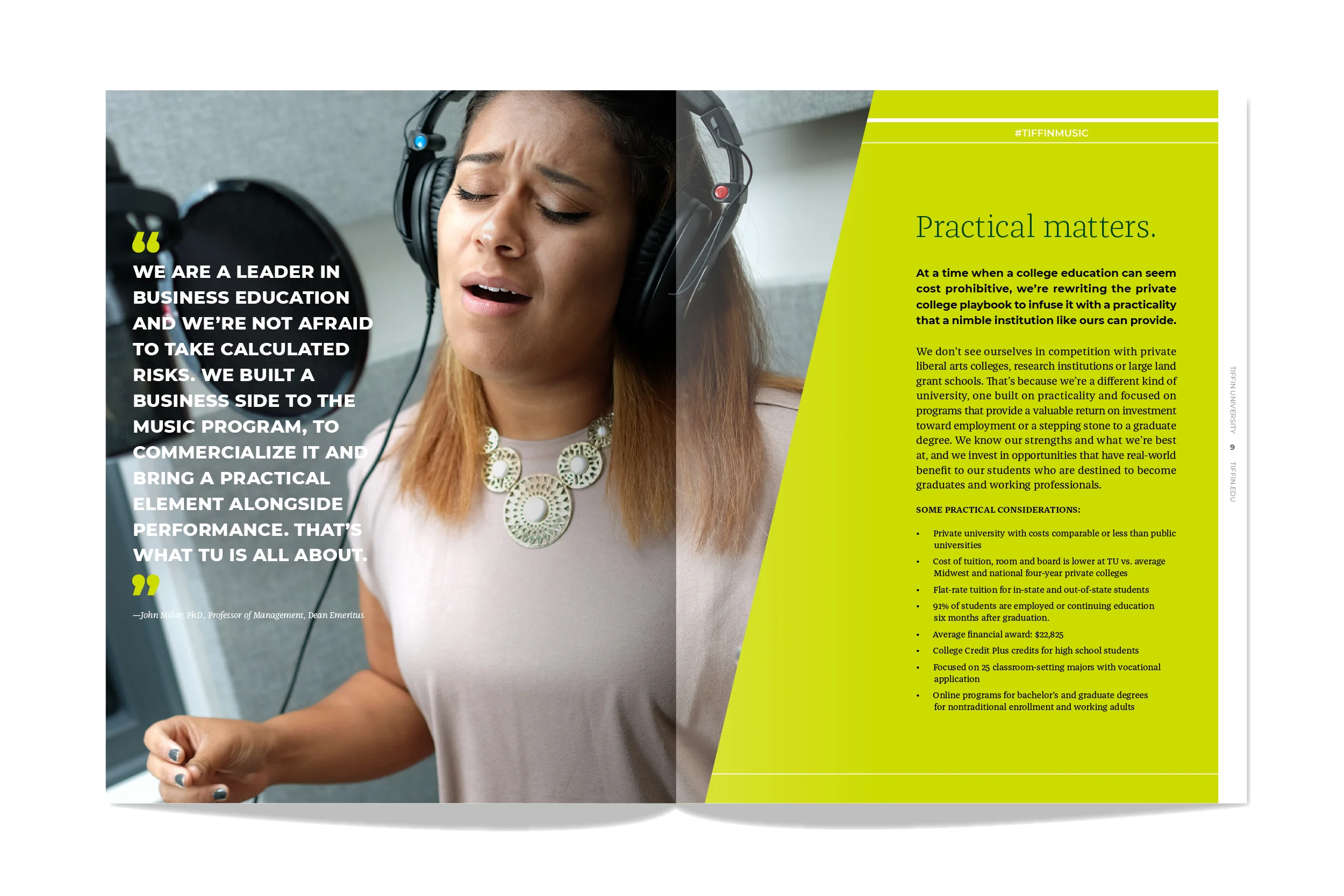 Open magazine spread featuring a woman singing with headphones on, with a quote on the left side about business education and music programs, and information about practical college matters on the right side.