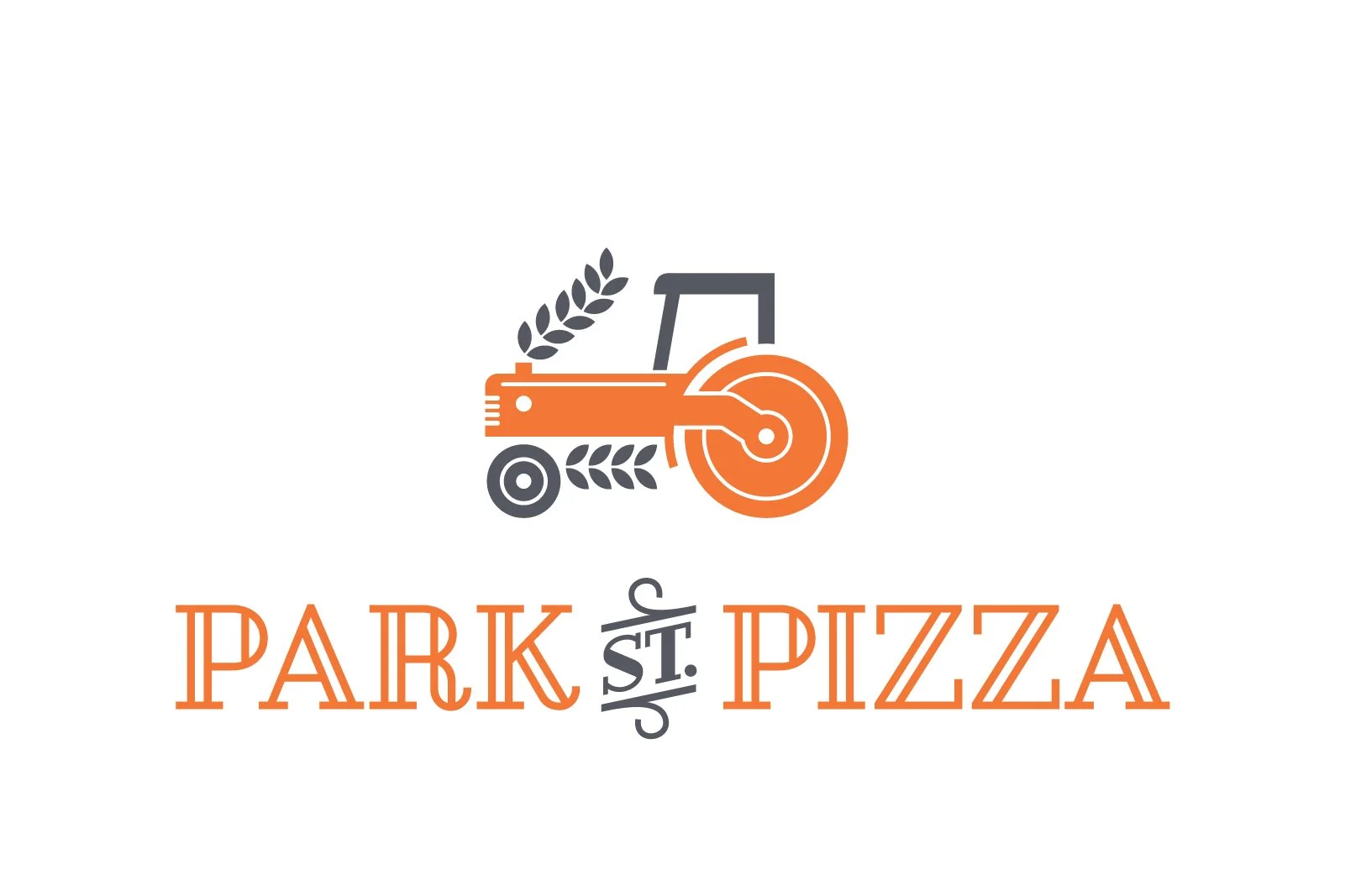 Logo for Park St. Pizza featuring an orange tractor with wheat stalks and stylized text.