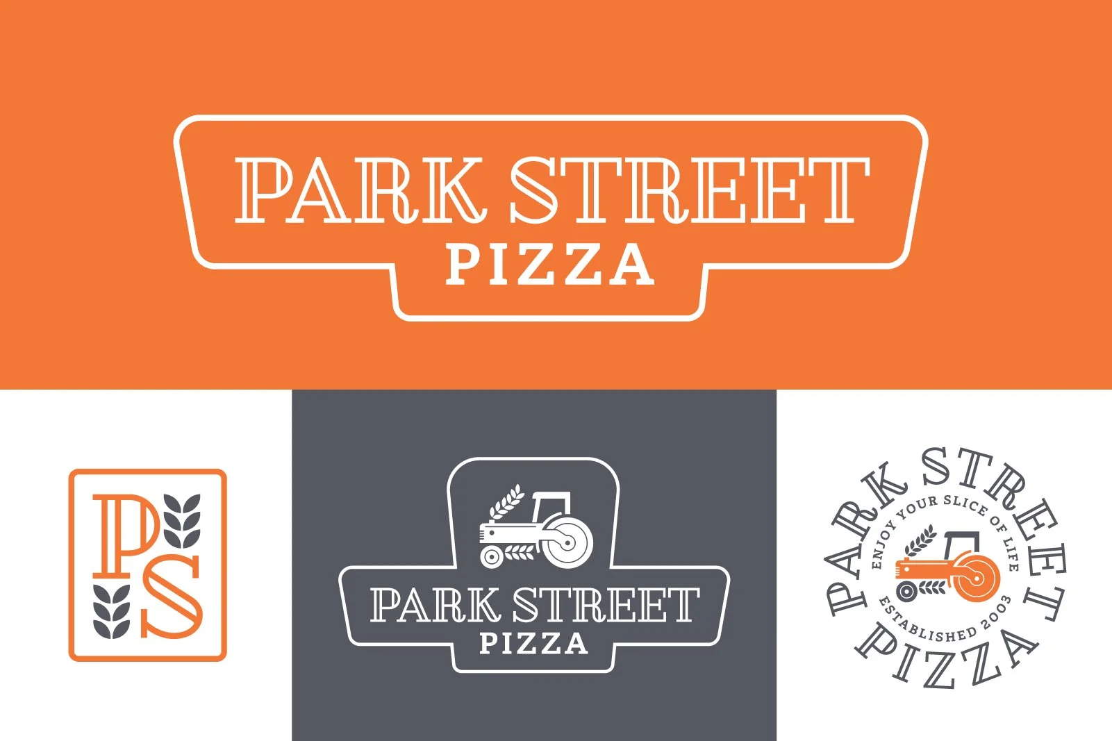 Three different logos for Park Street Pizza. The top logo is an orange background with white text, with 'PARK STREET PIZZA' in a outlined shape. The bottom left logo is a white background with orange outline, featuring 'P' and 'S' with wheat stalks. 