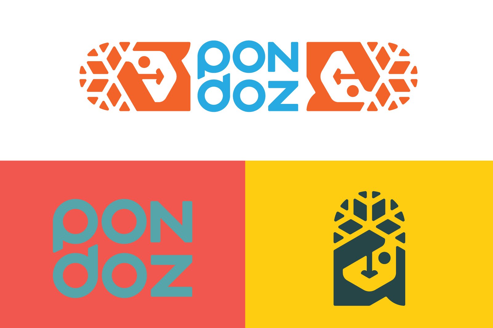Three separate icons for the brand 'Pon Doz.' The top icon features the text 'Pon Doz' with symmetrical, stylized snowflakes on either side, using orange and blue colors. The bottom left icon has the same text in blue on a red background, while the b