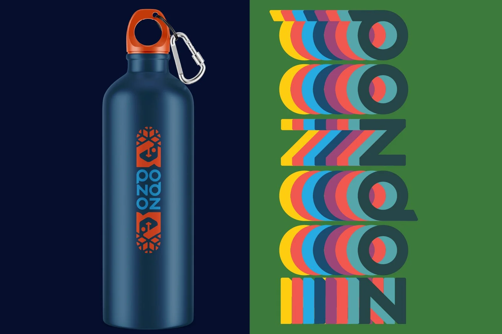 A blue water bottle with an orange lid and a metal carabiner attached, featuring a stylized logo with snowflakes and the word "OZO" on a dark background, next to a colorful, overlapping text design that spells "Remarkable" on a green background.