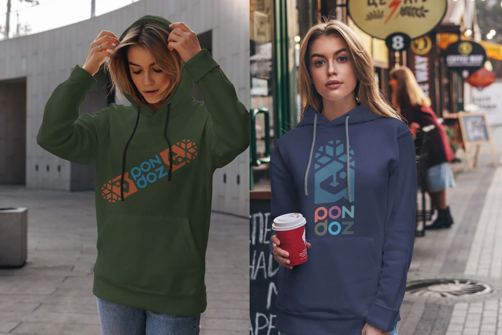 Two women wearing hoodies with the same logo. The woman on the left has a green hoodie, looks down, and is outdoors in front of a modern building. The woman on the right has a blue hoodie, holds a red coffee cup, and stands on a city street with shop