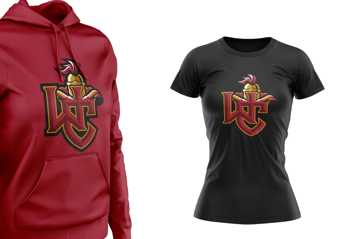 Red hoodie and black t-shirt both displaying a yellow, red, and black shield with a stylized horse and crossed swords logo.