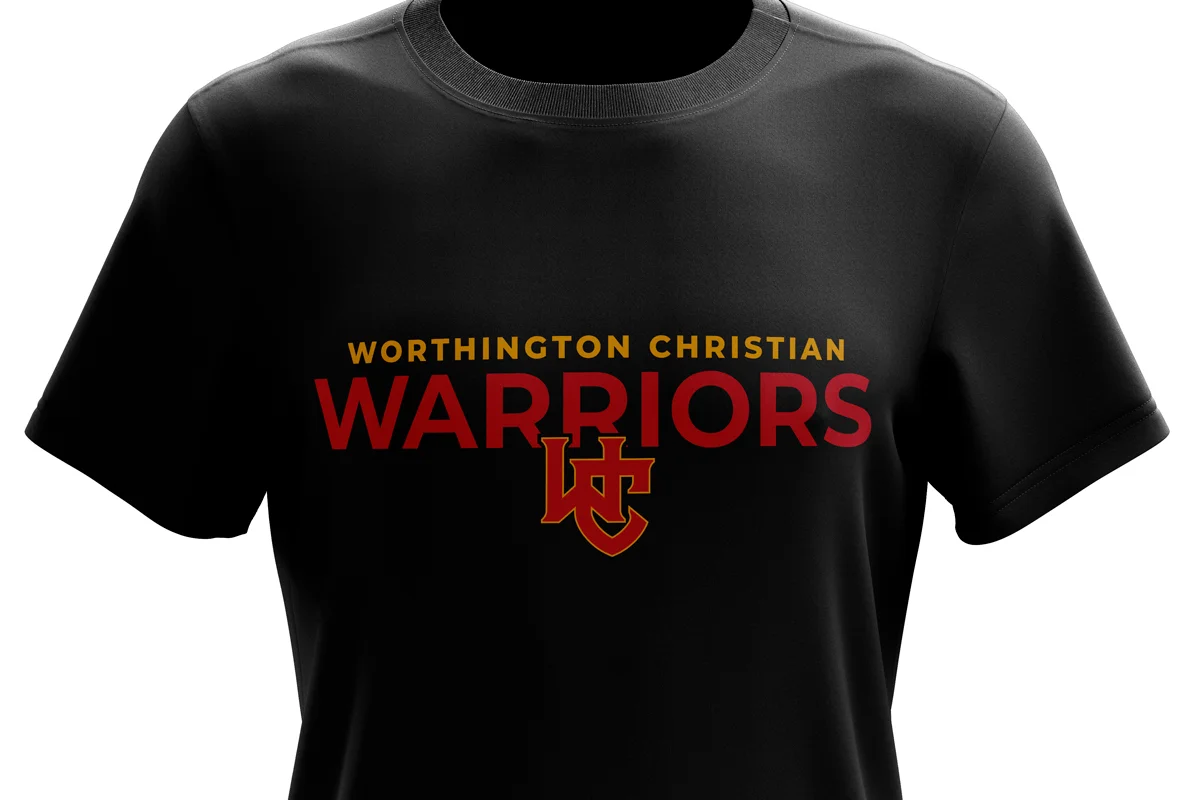 Black T-shirt with yellow and red text reading "Worthington Christian Warriors" and a red and gold emblem.