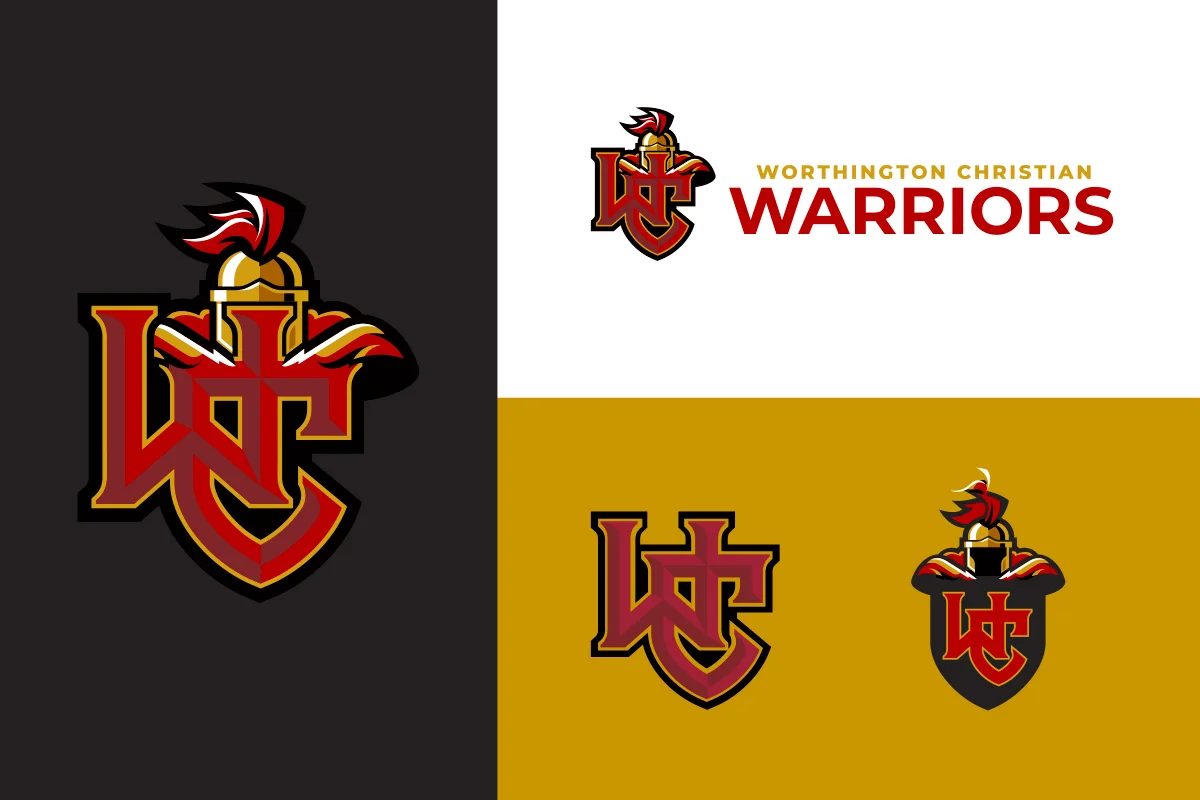 Graphics featuring the Worthington Christian Warriors logo with a red, black, and gold color scheme, including a stylized helmet and shield design.