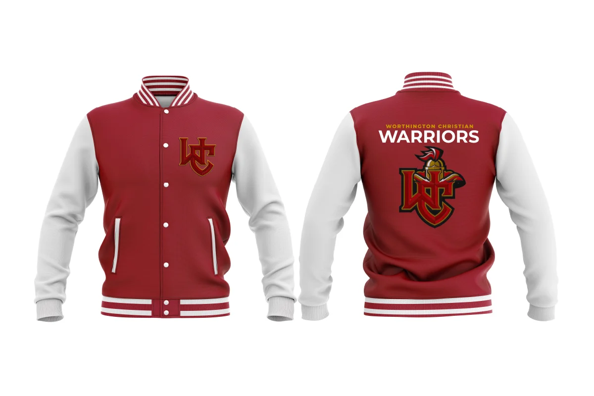 Red and white varsity jacket with Worthington Christian Warriors logo and lettering.