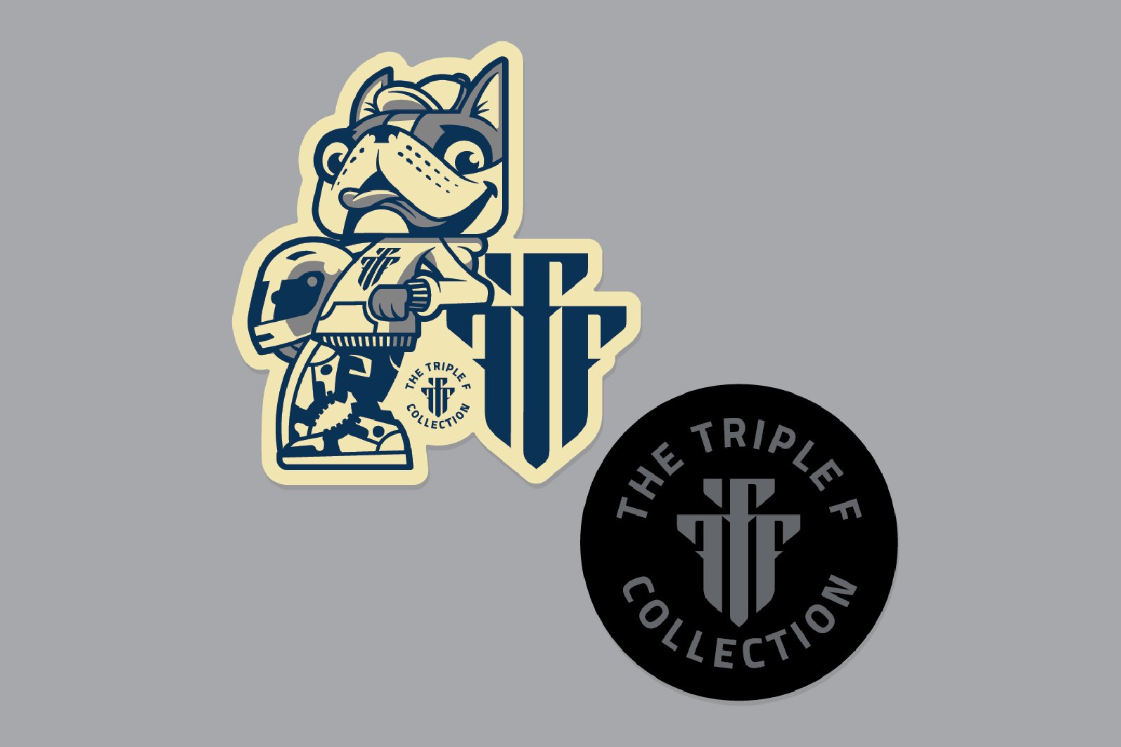 A cartoon bulldog wearing sunglasses and a jacket, holding a basketball, with the text "The Triple F Collection" and a logo, alongside a round black sticker with the same logo and text.