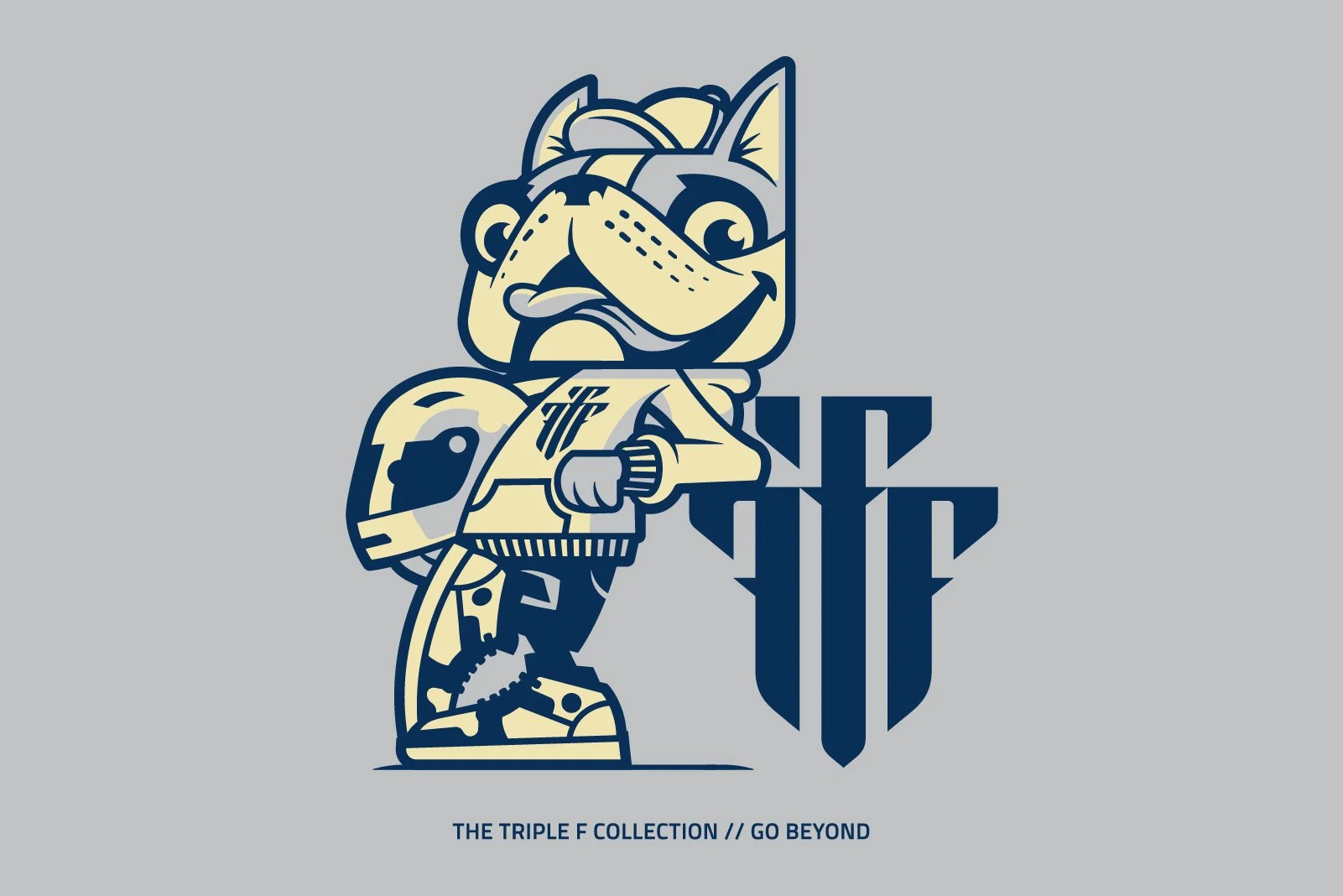 Graphic of a stylized cartoon dog with sunglasses and a rolled-up magazine, standing next to a shield with the letters 'TFC'. Text at the bottom reads 'THE TRIPLE F COLLECTION // GO BEYOND'.