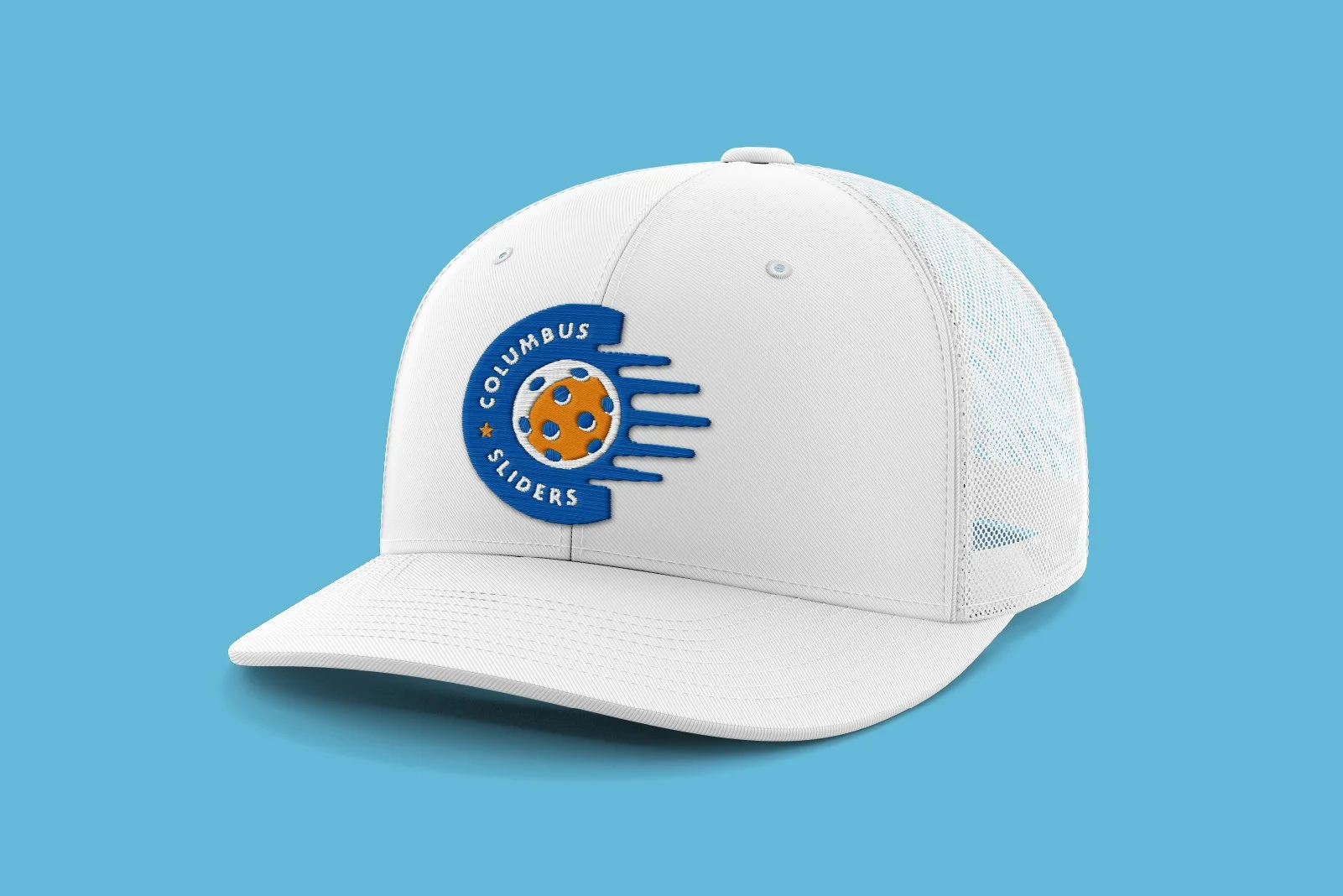 White baseball cap with the Columbus Sliders logo on the front, featuring a blue circle with white and orange design and horizontal blue lines on a blue background.
