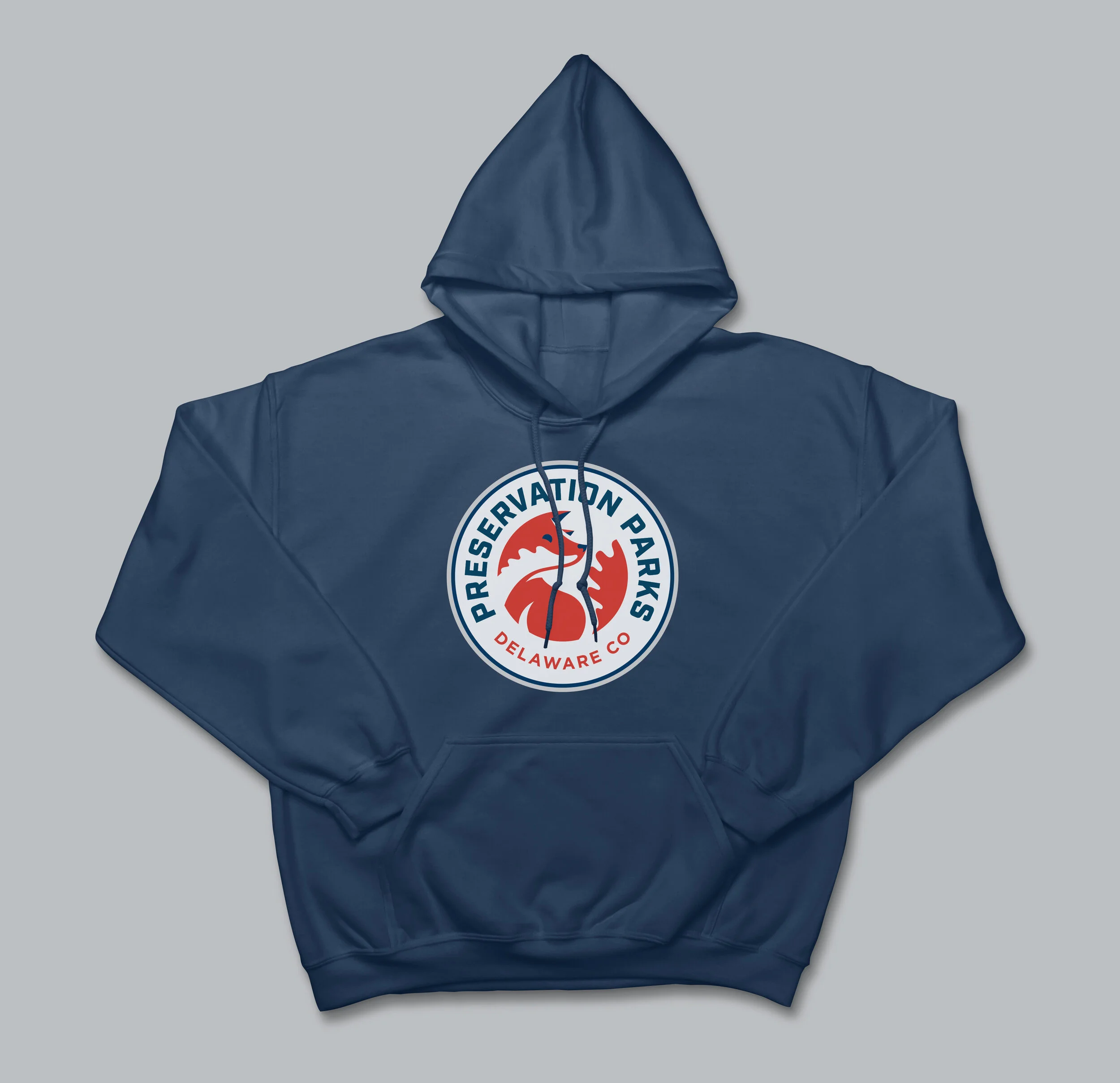 Navy blue hoodie with a circular logo on the chest reading 'Preservation Parks Delaware Co' around a red dragon emblem.
