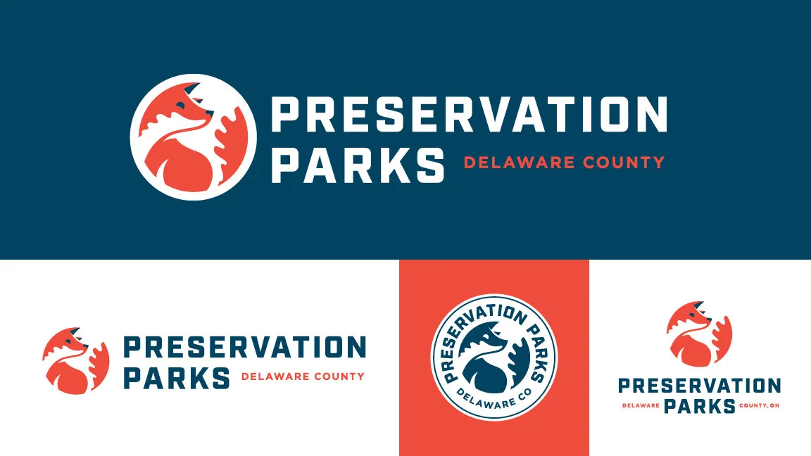 A collection of logos for Preservation Parks in Delaware County, featuring a stylized red and white fox head, with blue and red text.