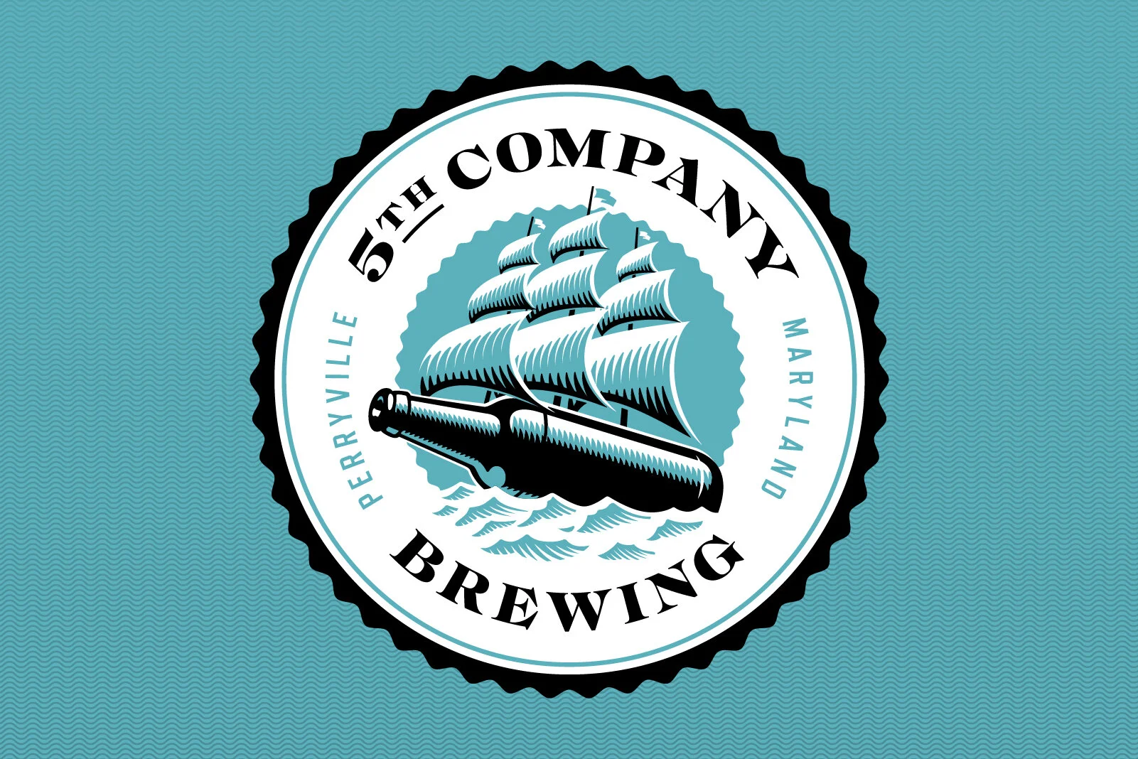 A circular logo for 5th Hill Company Brewing featuring a sailing ship on the water, with the words Perryville, Mayland, 5th Hill Company Brewing.