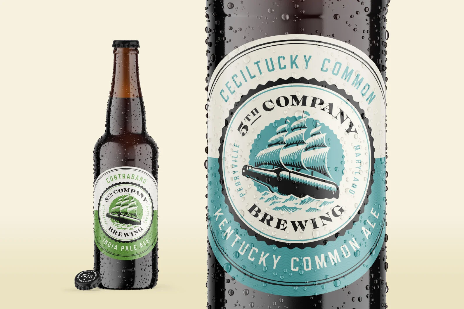 Two bottles of beer, one larger and one smaller, with condensation. The larger bottle's label reads 'Kentucky Common Brewing' with an image of a ship and a cannon. The smaller bottle's label reads 'Contraband Brewing' with a green ship illustration a
