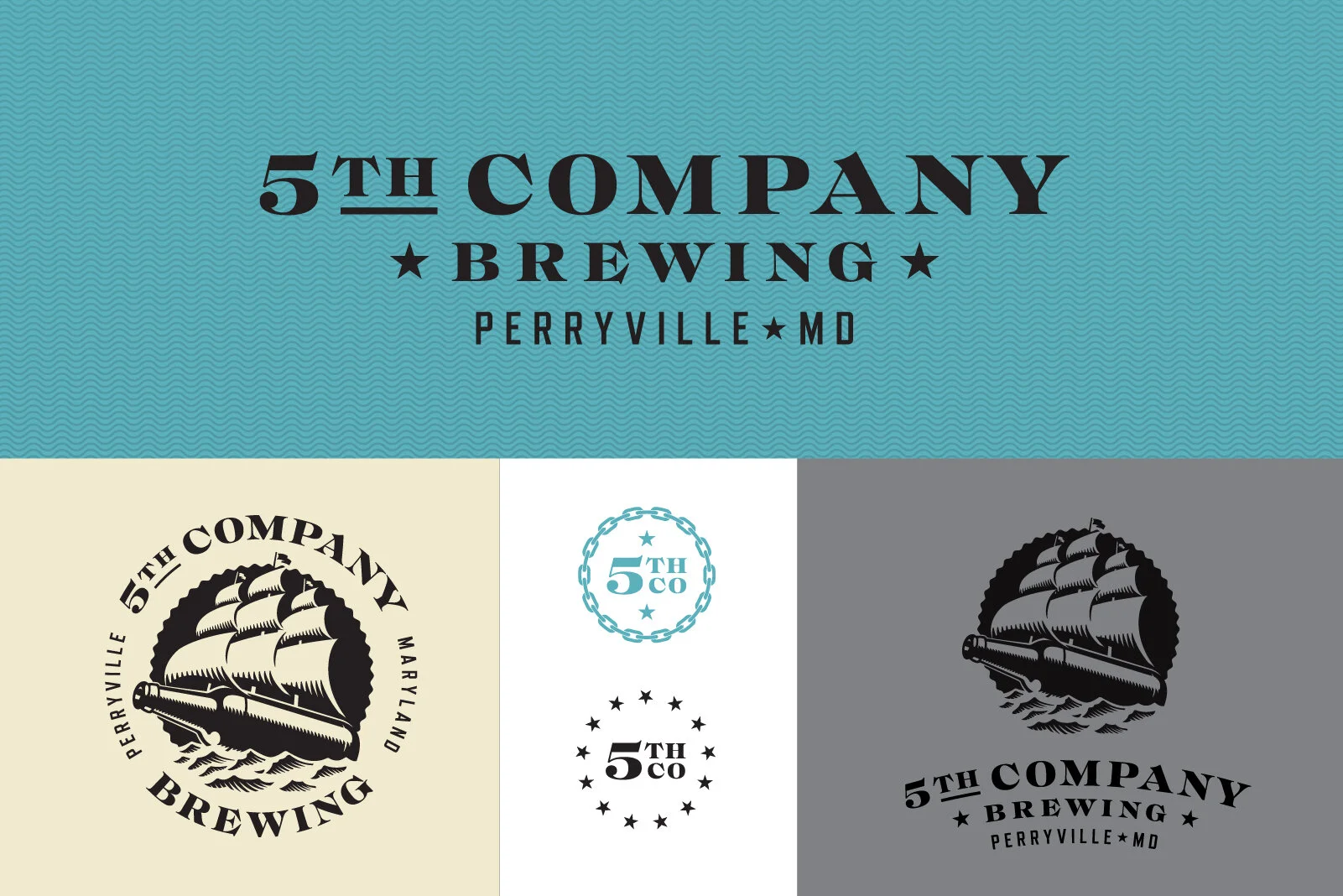Logo for 5th Company Brewing in Perryville, MD, featuring a vintage-style sailboat and various circular emblems with the company name.